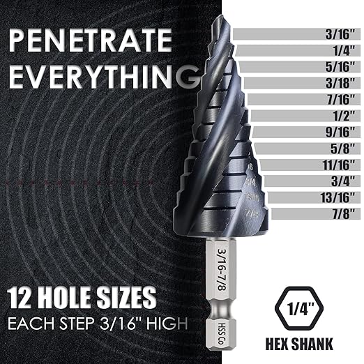 M35 Cobalt Step Drill Bit, Four Spiral Flute Unibit Step Drill Bit (3/16"-7/8") Wear-Resistant TiAlN Coated, 1/4" Hex Shank for Metal, Carbon Steel, Stainless Steel, Wood, Plastic (12 Size)