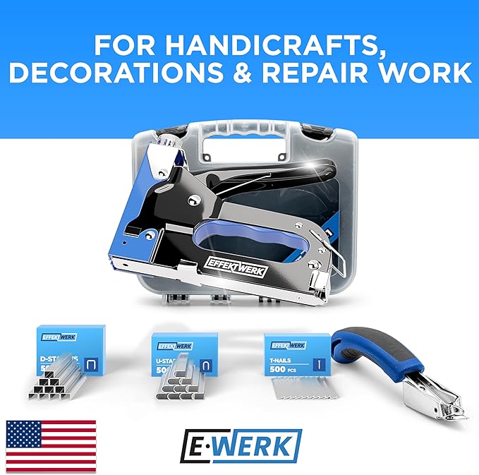 E•Werk - 5-in-1 Staple Gun Set - Heavy-Duty Stapler w/ 1500 Staples & Staple Remover for Wood, Fabric, Carpet & Wire Mesh - Hand Tacker w/Power Adjustment for Construction, Crafts & Upholstery Work