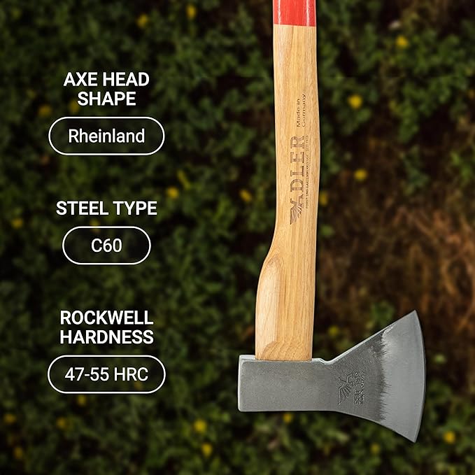 The Canoe Axe - German Made Bushcraft, Kindling, Camping & Hiking Axe, Leather Sheath, German Made, Anti-Slip 19.5" Hickory Wood Handle, 1.35 Pound Head (Red Stripe)