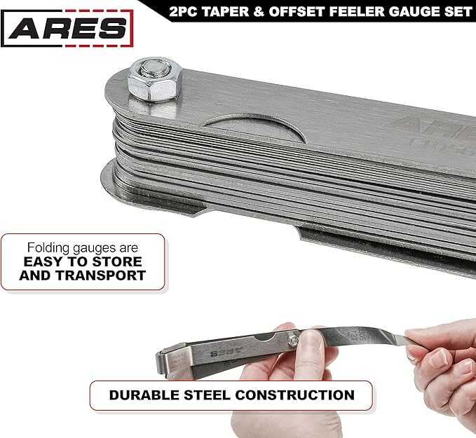 ARES 11042-2-Piece Tapered Feeler Gauge and Offset Feeler Gauge Set has 32 Dual-Marked SAE & Metric Sizes - Offset has 16 Dual-Marked Sizes - Precisely Measure Mechanical Clearances