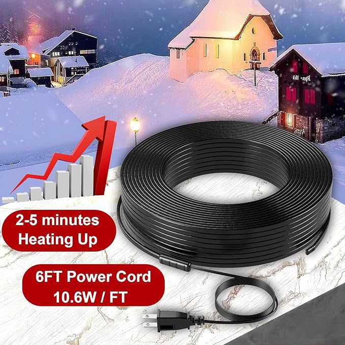 Giraffe Tools 50FT Heating Cable for Pipe Heavy-Duty, Self-Regulating, Freeze Protection for Roof, Plastic and Metal Water Pipes 120V 533W, Down to -40℉