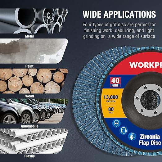 WORKPRO 10-Pack Flap Discs, 4-1/2-inch, Arbor Size 7/8-inch, T29 Zirconia Abrasive Grinding Wheel and Flap Sanding Disc, Includes 40/60/80/120 Grits