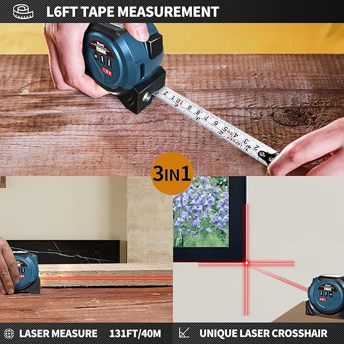 Laser Tape Measure, 131ft Laser Measuring Tool & 16ft Digital Tape Measure Pythagorean Mode, Area, Volume, Ft/Ft+in/in/M Unit Distance Meter for Woodworker Tool