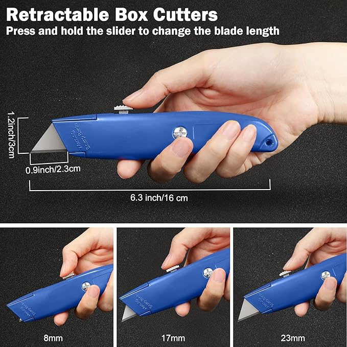 Reginary 20 Pcs Box Cutter Bulk Retractable Utility Knife Heavy Duty Aluminum Alloy Razor Knife for Cardboard Box Carton Opener for DIY, Factory, Home Office(Dark Blue)