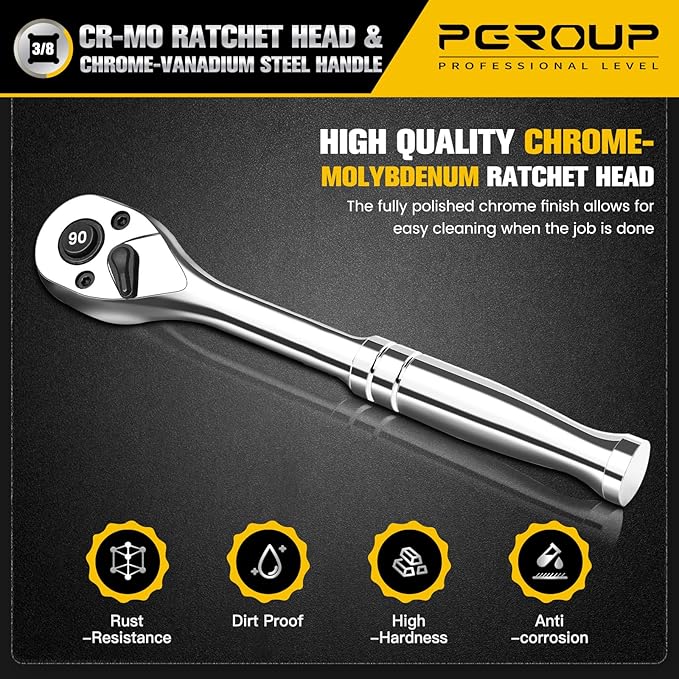 3/8-Inch Drive Ratchet Wrench, 90-Tooth Quick-release Reversible Ratchet Wrench with an Extension Bar(3 inch), 6" Long Socket wrench, 4-Degree Swing, Full Polished,Cr-Mo Head For Gifting,Repairing