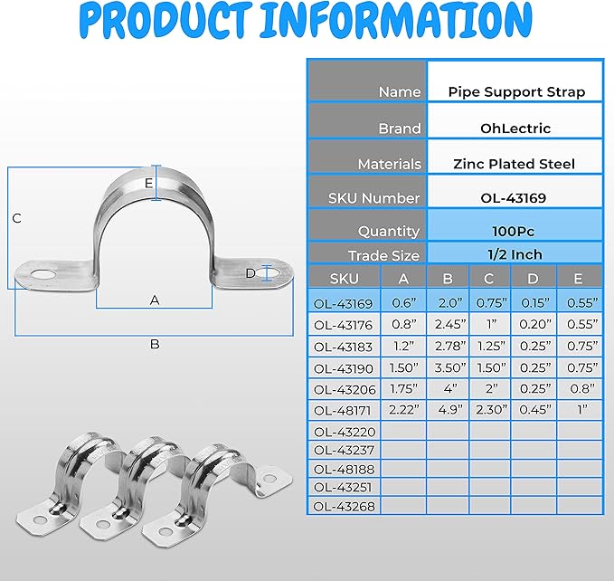 OhLectric OL-43169 Two Hole Rigid Pipe Strap - Sturdy Steel Strap Clamps - Zinc Plated Steel - Reinforced Rib - Corrosion Resistant - Easy to Install - ½ Inches (Pack of 100)
