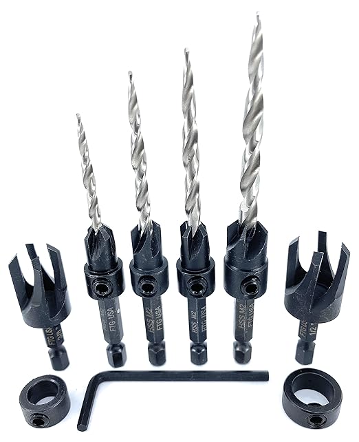 FTG USA Adjustable Wood Countersink Drill Bit Set #6#8#10#12 with Tapered Drill Bits for Woodworking