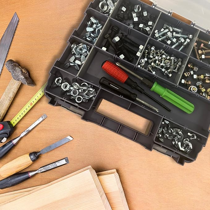 Double Side Tool Box Organizer, Hardware Storage Box, Portable Small Parts Organizer with Removable Plastic Dividers for Screws, Nuts, Nails, Bolts, Gray