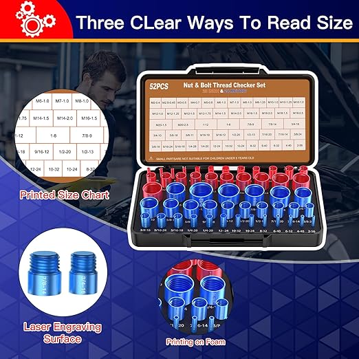 Thread Checker, Bolt Size Finder, 52 PCS Nut and Bolt Thread Checker 28 Inch & 24 Metric Thread Gauge, Thread Checker Standard and Metric