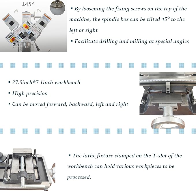 Mini Drilling and Milling Lathe Machine Benchtop for Metal Wood Working with Metric Scale Adjustable Speed MT3 Spindle Taper Emergency Stop Switch 1100W
