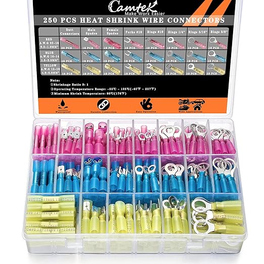 250PCS Heat Shrink Wire Connectors, 22-10 AWG Marine Grade Heat Shrink Butt Connectors, Waterproof Electrical Wire Terminals Kit Insulated Ring Fork Spade Butt Splices for Automotive Boat Truck
