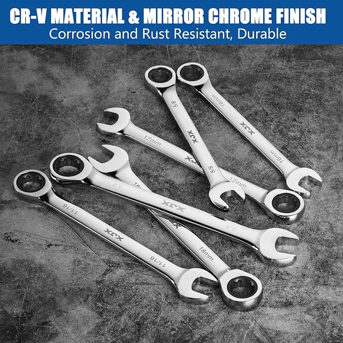 XJX 24PCS Ratcheting Combination Wrench Set | SAE & Metric | 12 Point | 1/4”to 7/8” and 8-19mm | CR-V Steel | Ratchet Wrenches Set with Portable Roll-Up Pouch