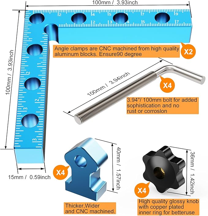 90 Degrees Positioning Squares, Right Angle Squares with 4 Clamps, Aluminium Alloy L-Type Corner Clamp Woodworking Clamping Tool for Picture Frames, Boxes, Cabinets (3.93in)