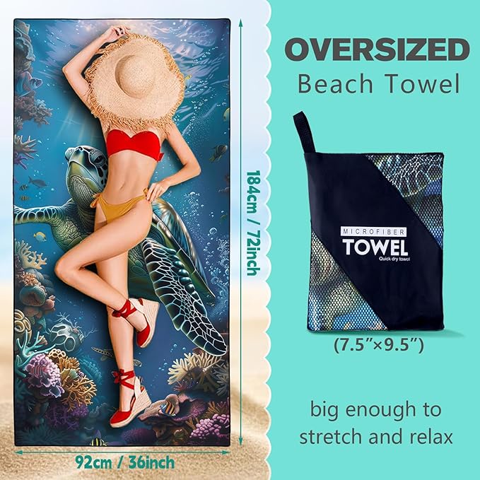 Sea Turtle Beach Towel Oversized 36" x 72", Thin Lightweight Sand Free Quick Dry Microfiber Towel for Swimming Pool Cruise Camping Travel