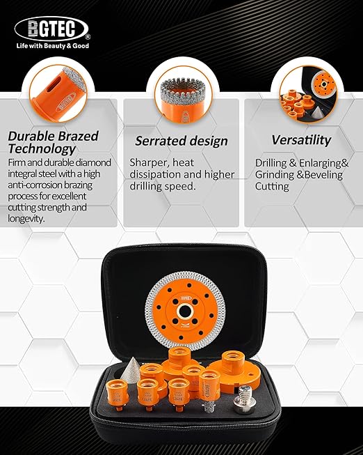 BGTEC Diamond Hole Saw Kit - 10PCS 6/8/10/25/35/50/65mm Drill Bits & 10mm Milling Finger Bit & 50mm Chamfering Bit & HEX & 100mm Tile Blade for Porcelain Tile Ceramic Granite Marble Stoneware