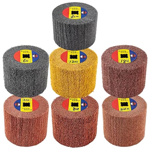 7 Pack Non Woven Wire Abrasive Drawing Polishing Burnishing Wheel Flap Brush 120mm x 100mm for Surface Treatment Stainless Steel, Aluminum, Copper, Metal, Grit: 60# 80# 120# 180# 240# 320# 600#