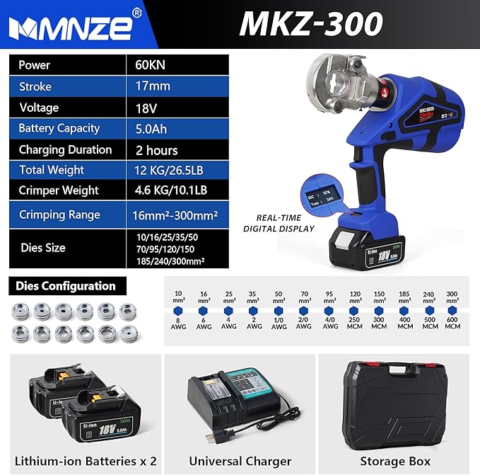 Electric Hydraulic Cable Lug Crimper Pliers Rechargeable Crimping Tool 6 Ton Electrical Terminal Cable Wire Fiber Crimper Kit with 11 Dies (MZ-MKZ-300)
