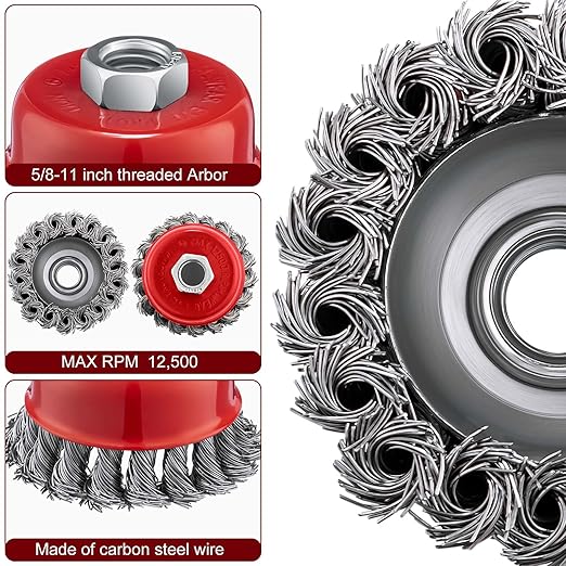 Tandefio 24 Pcs Wire Wheel Cup Brush with 5/8"-11 Threaded Arbor for 4 1/2 Angle Grinder Twisted Knotted Grinder Abrasive Wire Brushes for Heavy Cleaning Rust Removal