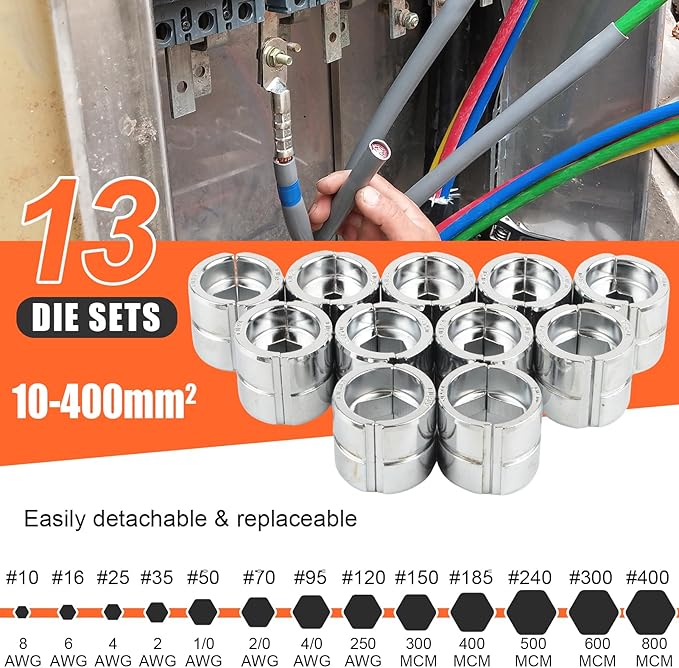 Electric Hydraulic Crimping Tool, Battery Cable Crimper Tool, 12 Ton Wire Crimpers Electrical, Crimping Rang 8AWG-800MCM(10-400m²) and Electrical Crimping Tool 13 Pairs of Dies (JGS-400S)