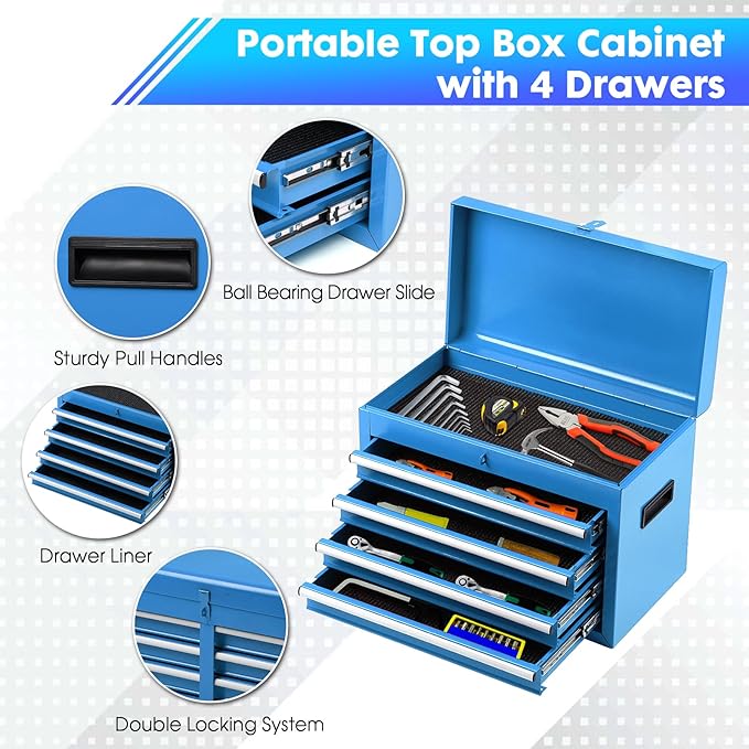 Rolling Tool Chest, 5-Drawer Tool Cabinet with Lockable Wheels and Detachable Top Tool Box, Tool Cart for Warehouse, Workshop, Blue