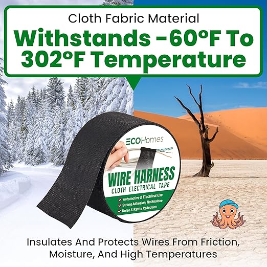 Wire Harness Cloth Electrical Tape, 3/4 Inch x 90 FT (2 Rolls), Automotive Wire Loom Heat Wrap Tape - Fabric Felt Cloth Wiring Harness Tapes, Heat Resistant for Car Engine, Wires, Electrical Wiring