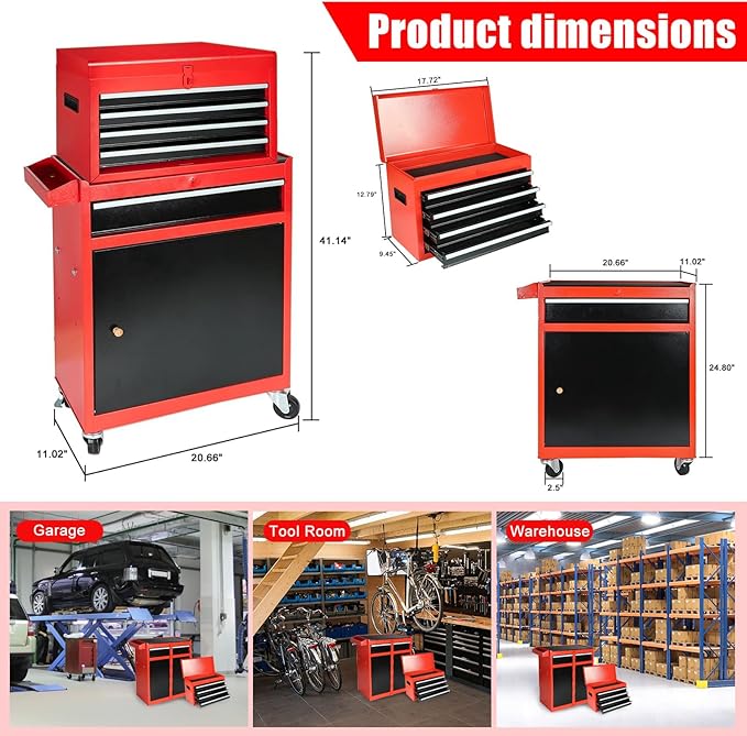 5-Drawer 2 in 1 Rolling Tool Chest, Tool Storage Cabinet w/Drawers, Wheels, Detachable Top, Mechanic Tool Organizer Box for Garage, Workshop, Warehouse Red & Black Durable Lockable