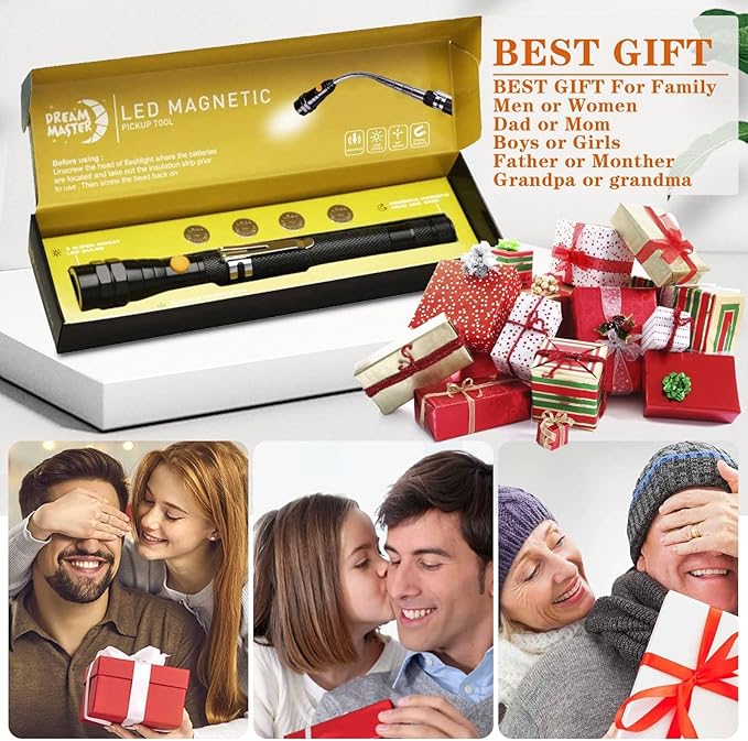 Magnetic Pickup Tool Gifts for Men, Telescoping Magnet Flashlight, Gifts Idea & Gifts for Him, Mechanic, Tech, Handyman, Boyfriend, Birthday Gifts for Dad, Husband, Father, Black