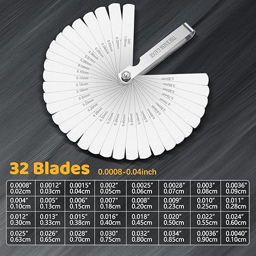 32 Blades Stainless Steel Feeler Gauge, Metric and Imperial Gap Measuring Tool Width and Thickness Feeler Gage Gauge for Spark Plug, Valve Adjustment Tool, 0.02-1.00 mm (0.0008-0.040 Inch)