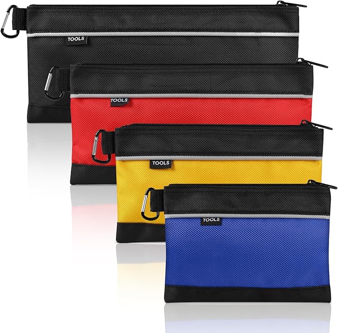 4 Pack Tool Pouch, Small Tool Bag with Zipper, 1680D Oxford Waterproof Multipurpose Tool Pouches with Carabiner for Men Tools, Travel Accessary, Stationary, Gadgets Storage Organizer, PSGJD-X4