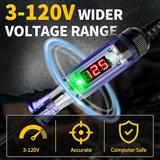 Test Light Automotive 3-120V DC LED Digital Circuit Tester with Voltage Display, Auto Bidirectional Voltage Tester, Electric Test Probe Pen for Car Battery Polarity Continuity Fuses