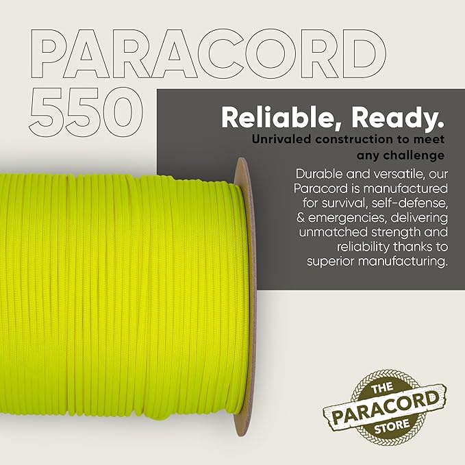 The Paracord Store | Type III 550 Paracord - 1000 FT Spool, Neon Yellow | Heavy Duty 7 Strand Tactical Paracord - USA Made Nylon Outdoor Parachute Cord for Camping, Fishing & More - Survival Cord