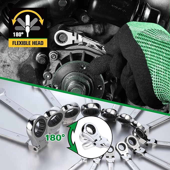 SK Flex-Head Ratcheting Wrench Set, Combination Wrench Set, 25-Piece, SAE 1/4" to 1", Metric 8 to 19mm, 72-Tooth, Premium CR-V Construction, with Rack Organizer