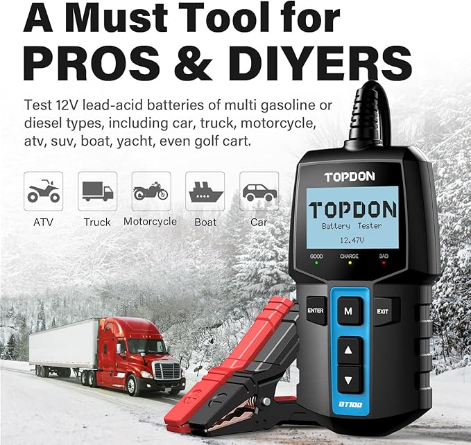 TOPDON BT100 Car Battery Tester 12V Load Tester, 100-2000 CCA Automotive Alternator Tester Digital Auto Battery Analyzer Charging Cranking System Tester for Car Truck Motorcycle ATV SUV Boat Yacht