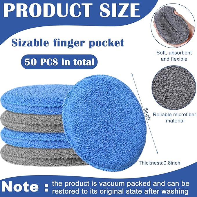 50 Pcs Microfiber Wax Applicator Pads 5 Inches Diameter Applicator Pads Bulk Soft Microfiber Wax for Car Polishing Foam for Car Cleaning(Blue, Gray)