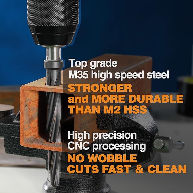 3/8" Bridge/Construction Reamer, M35 HSS Taper Chucking Reamer Drill Bit for Steel Alloy Aluminum Metal Wood Plastic, 3/8” Shank Chuck, Spiral Flutes, to Enlarge/Align Holes, 10mm