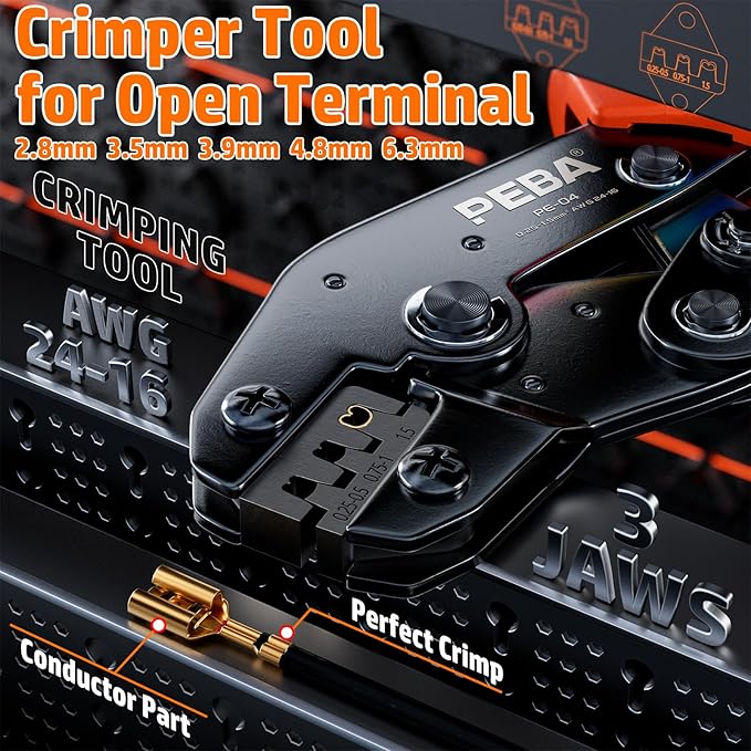 PEBA Crimping Tool Kit, 20 Types Spade Connectors, Ratchet Crimping Pliers AWG 24-14 for 2.8mm 3.5mm 3.9mm 4.8mm 6.3mm Open Barrels Pin Terminal | Speaker Connectors Terminal - Crimper Tool Kit
