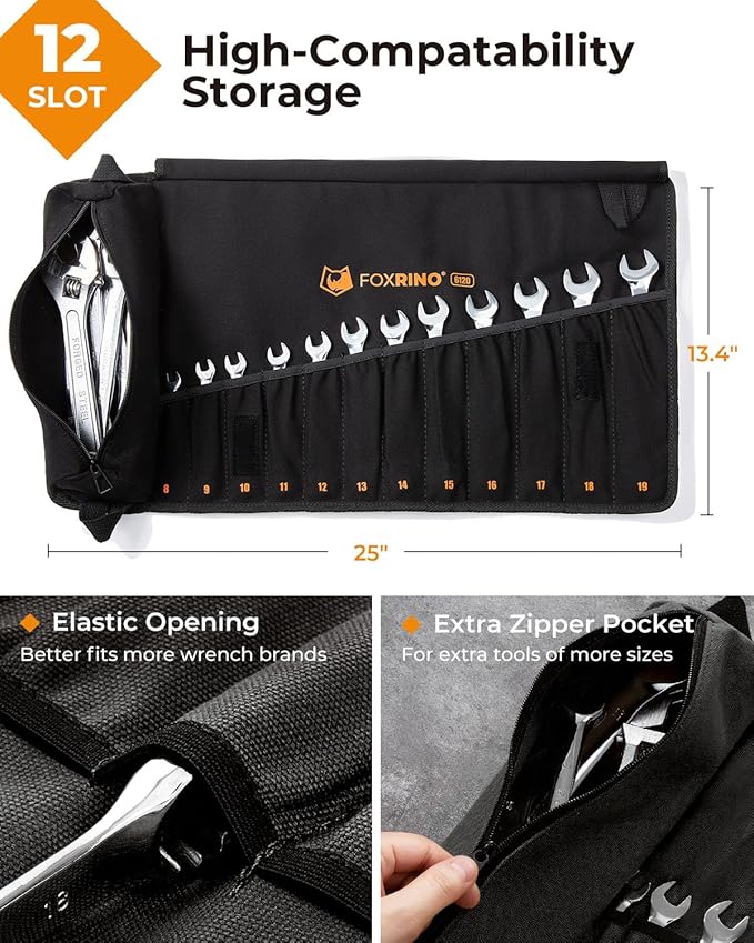 Wrench Roll, Wrench Roll Up Pouch, Gifts for Men Father Dad Mechanic, Heavy Duty Canvas Wrench Organizer Bag (Black, 12+1 Metric)