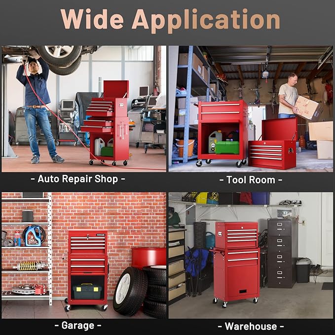 S AFSTAR 6-Drawer Rolling Tool Chest, High Capacity Tool Storage Cabinet with 4 Hooks, Locking System and Universal Wheels, 2-in-1 Detachable Large Toolbox for Garage Workshop (Red)