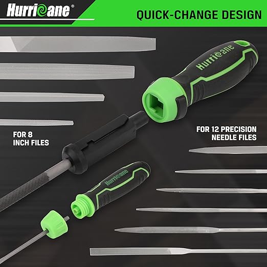 Hurricane 21 PCS Interchangeable Metal File Set,8 inch File Tool Set Include Flat/Triangle/Half-Round/Round Large Files & 12 Needle Files with Universal Quick Change Handles and Carrying Bag