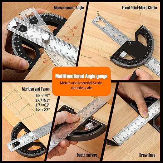 Protractor Angle Finder Carpenter Square Adjustable Aluminum Protractor Square and Angle Gauge for Carpenters & Woodworking Hobbyists with 0-180 Degrees Measuring Tool (12inch)