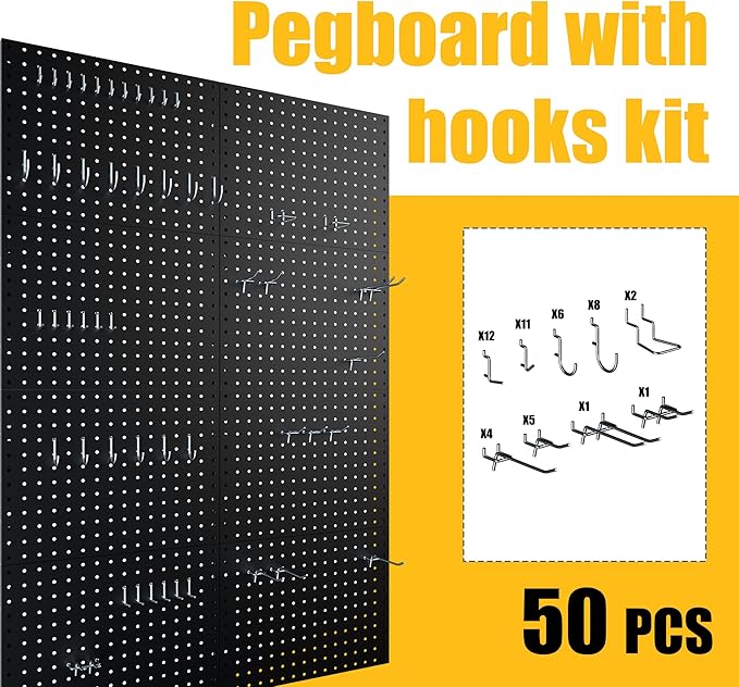 Peg Board, 8 Pack Metal Pegboard Panels Black Pegboards Wall Organizer with Bent Frame Heavy Duty Peg Board for Walls Home, Garage Tool Storage, Office Organization, Craft Room, Kitchen