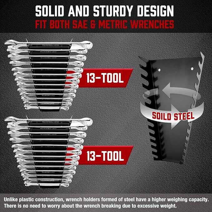 ALOANES 130-Slot Metal Wrench Organizer, Heavy Duty Wrench Organizer Tray for Tool Box, Fit SAE & Metric Wrench Storage, 10 Pack Wrench Holders(Red)