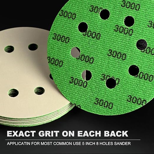 POLIWELL 120pcs 5 Inch Sanding Discs Hook & Loop 8 Holes Wet Dry 320 400 600 800 1000 2000 3000 Grit Orbital Sandpaper with 2pcs Interface Pads, Silicon Carbide Round Flocking Sandpaper