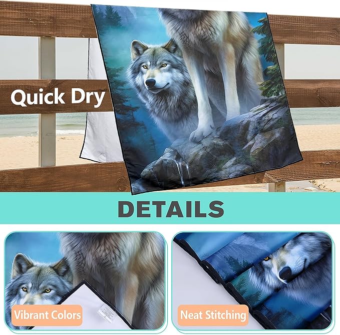 Moon Wolf Beach Towel Oversized 36" x 72", Thin Lightweight Sand Free Quick Dry Microfiber Towel for Swimming Pool Cruise Camping Travel