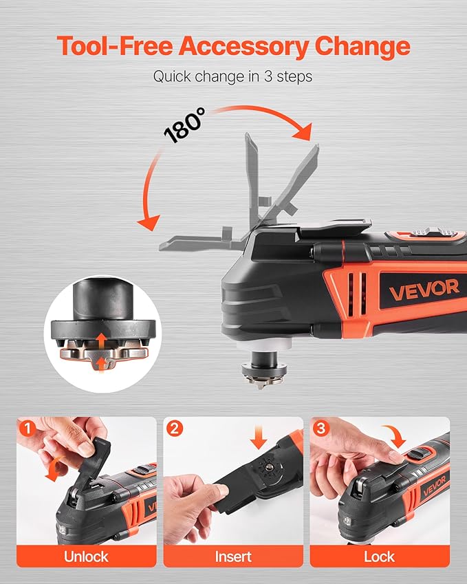 VEVOR Multitool Oscillating Tool, 4Amps Electric Oscillating Multi Tool Corded with 6 Variable Speeds 7000-19000 OPM, 3.2° Oscillating Angle, 13PCS Saw Accessories, LED Work Light & Tool Bag
