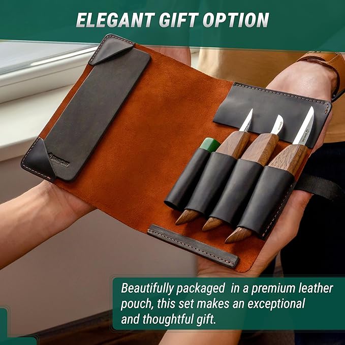 BeaverCraft Wood Carving Knife Set Deluxe S15X - Wood Carving Kit with Detail Chip Knife, Sloyd Roughing Whittling Knives & Leather Strop - Whittling Tools Set with Leather Case for Carvers
