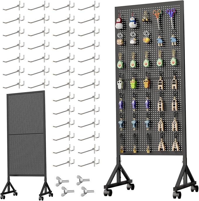 Metal Pegboard Display Stand 2 x 4.9 Feet, Adjustable Height with 40 Peg Board Hooks and Wheels, pegboard display rack, Craft Display Rack, Retail Display Rack, Garage Peg Board, Pegboard