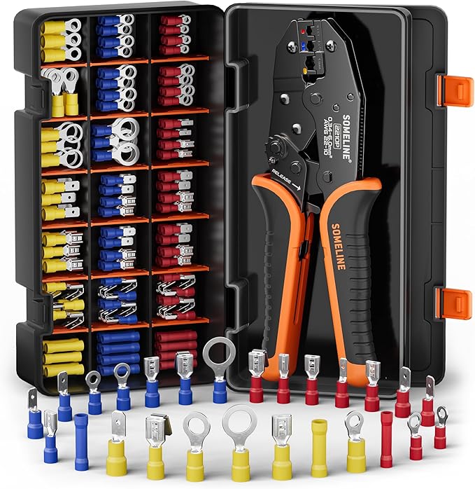 SOMELINE Electrical Connectors Crimping Tool Set, Ratchet Terminal Crimper 22-10 AWG, with 26 Sizes Ring Spade Butt Piggyback Insulated Connectors, Wire Crimp Tool Kit