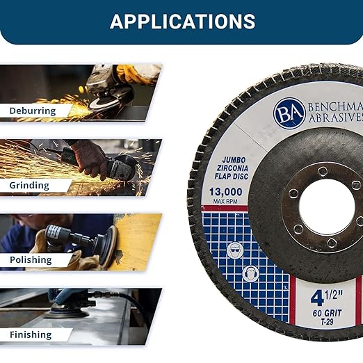 Benchmark Abrasives 4.5" x 7/8" Premium High Density Jumbo Zirconia Type 29 Flap Discs 4 1/2 for Angle Grinder, Sanding Discs, Finishing - Grinding Wheels 4 1/2 Inch (100 Pack) - 60 Grit