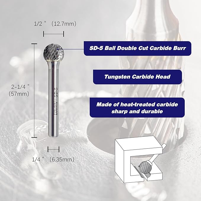 Tungsten Carbide Burr Ball Shape SD-5, Double Cut Rotary Burrs File(1/2''cutter Dia ， 1/2''Cutter Length) with 1/4'' Shank dia, 3 pcs, used for metalwork, tool making, engineering, grinding by LU&MN